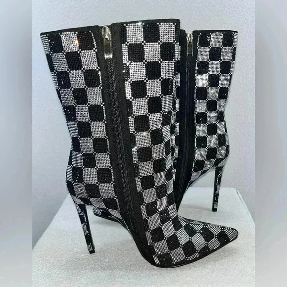 AZALEA WANG BOOTS STILETTO CHECKERS BLK RHINESTONE SIDE ZIP POINT TOE FABULOUS - Picture 10 of 15